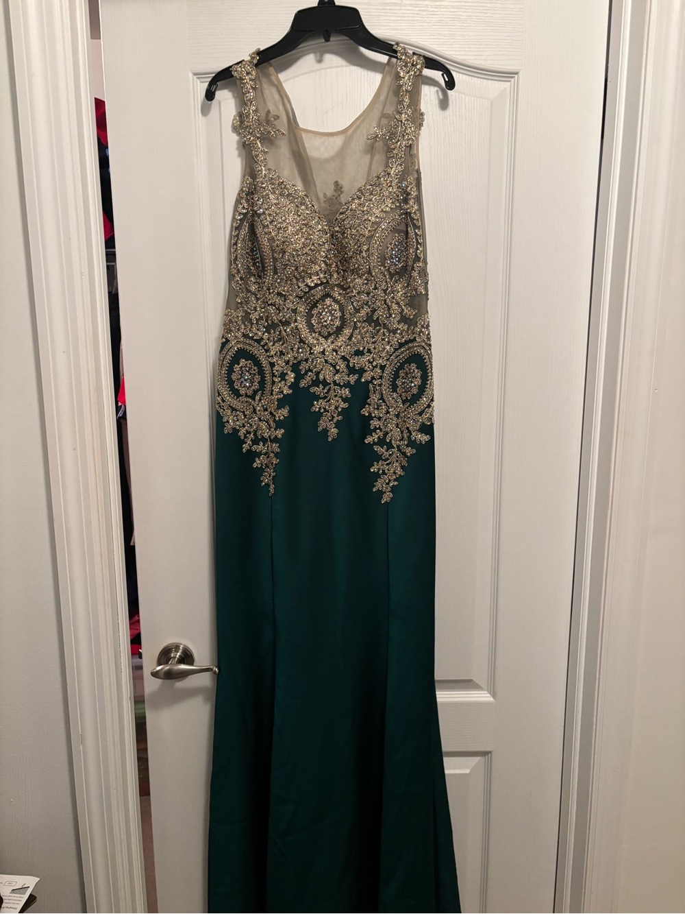 Vintage Clarisse Gold Beaded Prom Dress with Tulle Overlay Emerald Green